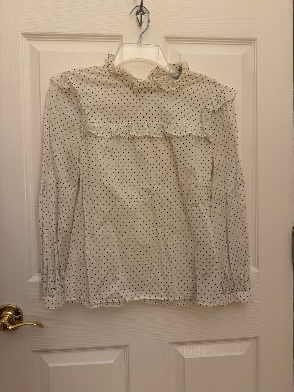 Madewell Cream Blouse with Black Polka Dots and Ruffle Trim